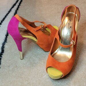 Anne Michelle Colorblock Platform Peep-Toe Heels | Orange Pink Yellow | Size 7